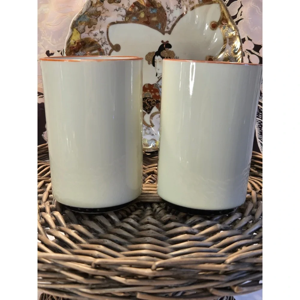 Vintage Japanese Geisha Tea Cups with Antique Japanese‎ Kutani Geisha Plate